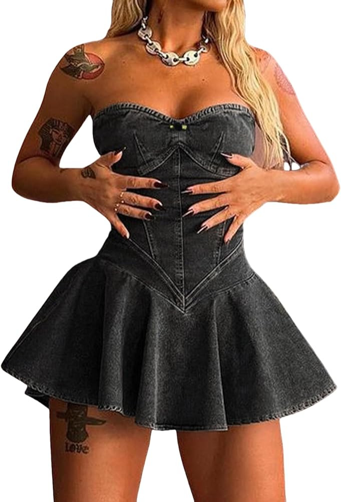 SHINFY Womens Summer Denim Dress Sexy Off Shoulder Strapless Bustier Corset Tube Pleated Mini Jea... | Amazon (US)