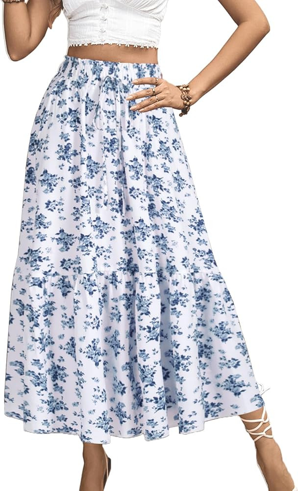 Long Skirts for Women High Elastic Waist Skirt Casual Summer Fake Drawstring Floral Pleated A Lin... | Amazon (US)