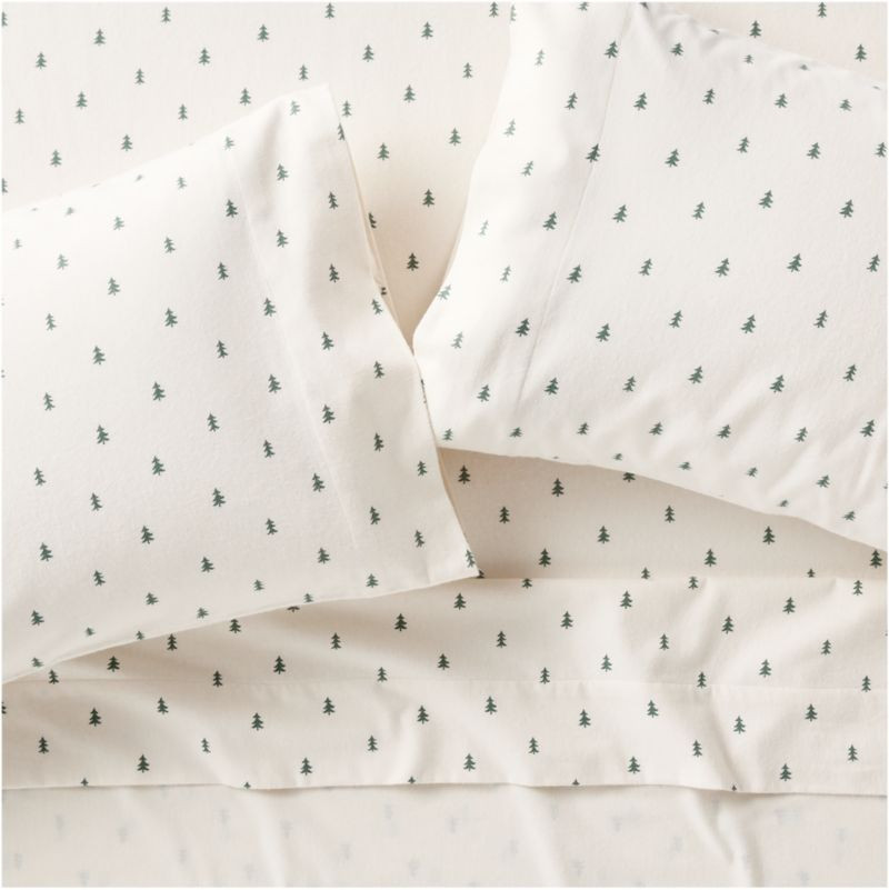 Cozysoft Organic Cotton Flannel Spruce Green Trees King Sheet Set + Reviews | Crate & Barrel | Crate & Barrel