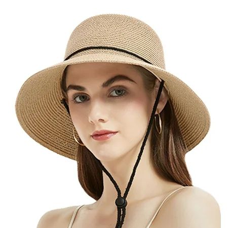 Giolshon Women's Wide Brim Sun Hat with Wind Lanyard Summer Straw Hat | Walmart (US)