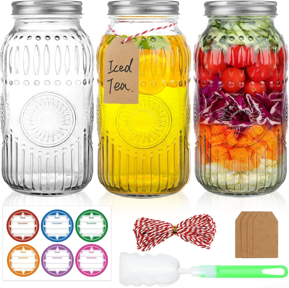 Wide Mouth Mason Jars 64 oz, 3 Pack Large Half Gallon Mason Jars with Airtight Lids and Bands, Cl... | Amazon (US)