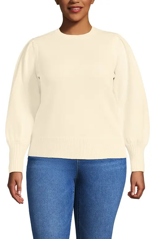 Lands' End Plus Size Drifter Puff Sleeve Jacquard Crew Neck Sweater in Ivory Latte at Nordstrom, Size 3X | Nordstrom