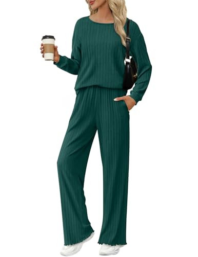 Ekouaer Lounge Sets for Women Comfy Ribbed Knit Pajamas Fall Long Sleeve Sleepwear 2 Piece Casual Loungewear,XL Dark Green | Amazon (US)