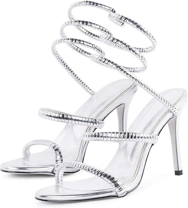 Perixir Gold Sparkly Rhinestone Heeled Sandals, Women's Snake Wrap 2023 Club Stiletto Heels, 3.9"... | Amazon (US)