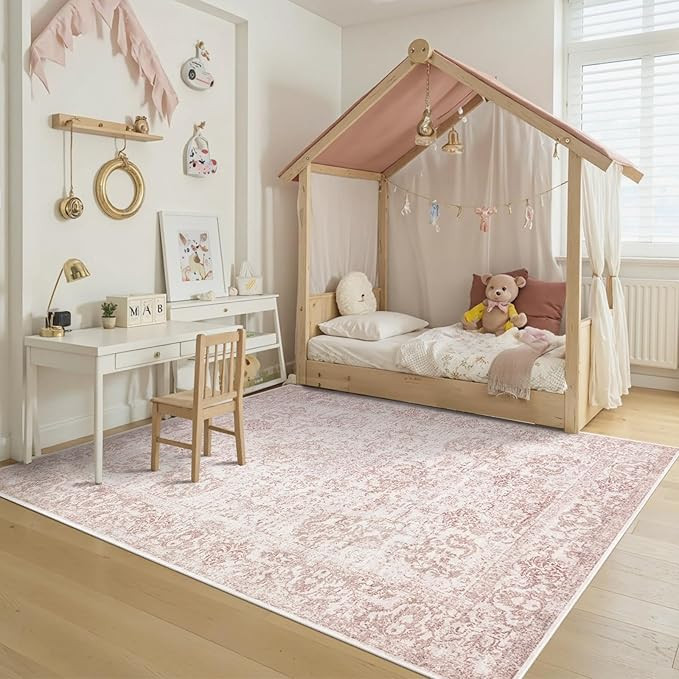 5x7 Washable Area Rug for Living Room & Bedroom, Large Light Pink Rugs for Women, Non Slip, Durab... | Amazon (US)