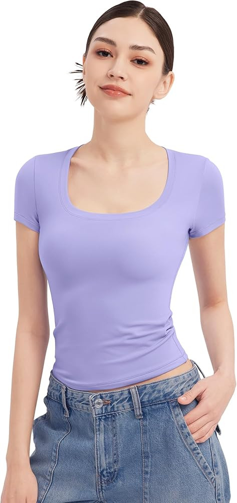 PUMIEY Women's T Shirts Short Sleeve Scoop Neck Basic Going Out Tops Fashion Slim Fit Tee Smoke C... | Amazon (US)