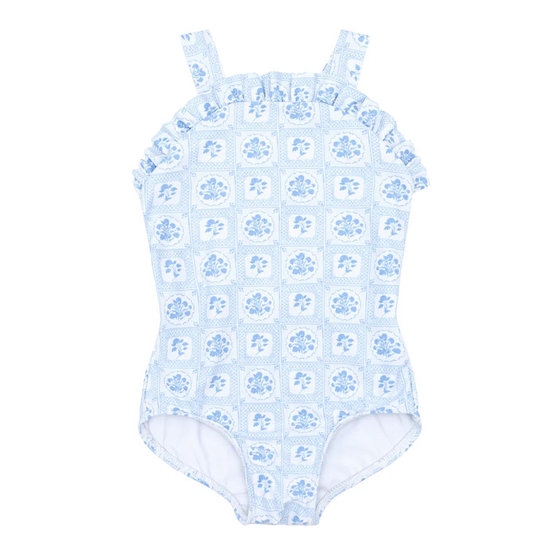 girls mosaic blue floral bib crossover one piece | minnow