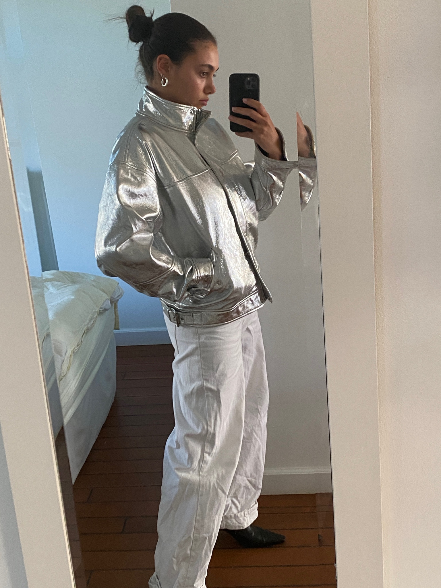 Metallic jacket outfit 

Outfit inspiration, & other stories, silver hoops, trendy, closed, white jeans, Heeled Knee high boots, Stella McCartney cropped bomber jacket, Moncler, Mytheresa, Netherlands. 

#LTKstyletip #LTKeurope #LTKSeasonal