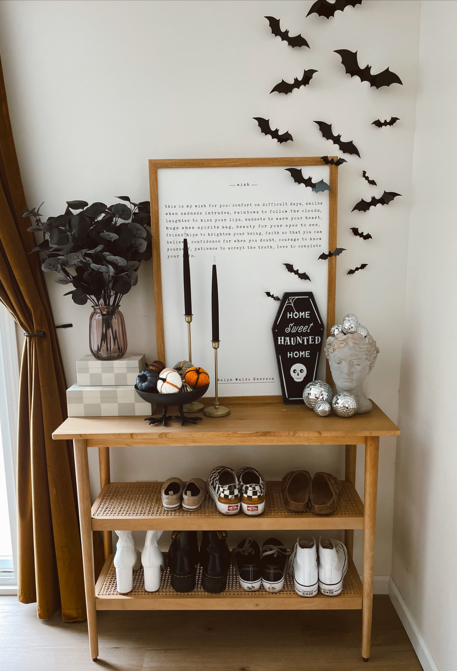 Neutral Halloween entryway decor 


Bats, target furniture, hearth and hand, Anthropologie, checkered print, boho decor, shoe rack, disco balls, pumpkins, fall decor, eucalyptus, dried flowers, curtains, shelf

#LTKSeasonal #LTKunder100 #LTKHalloween