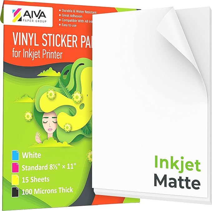 Printable Vinyl Sticker Paper for Inkjet Printer - Matte White - 15 Self-Adhesive Sheets - Waterp... | Amazon (US)