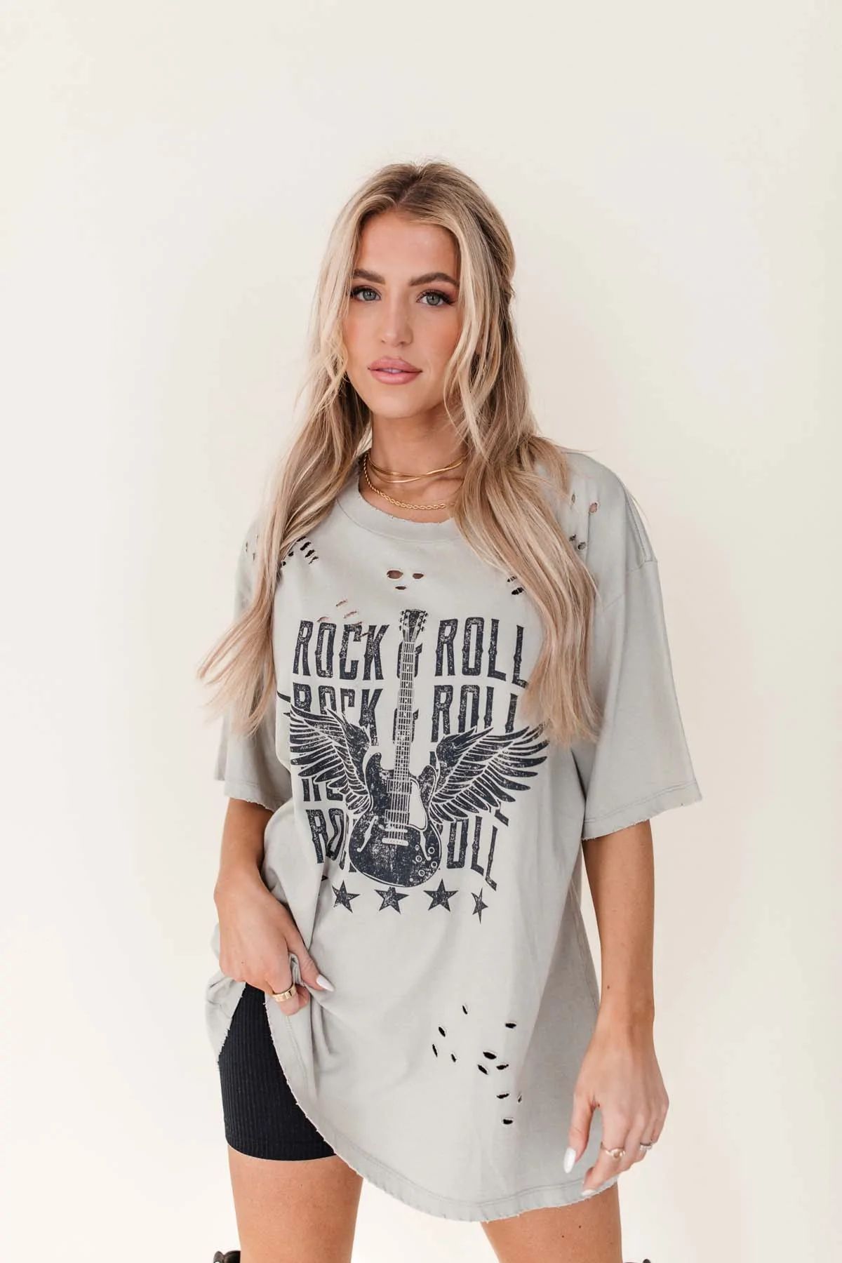 Distressed Rock & Roll Oversized Graphic Tee | The Post