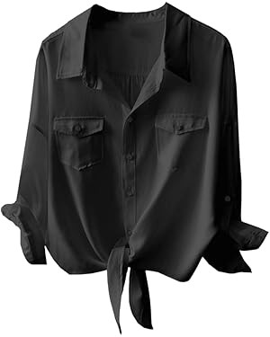 Womens Button Down V Neck Shirts 3/4 Sleeve Tie Front Loose Office Business Shirt Blouse Summer C... | Amazon (US)