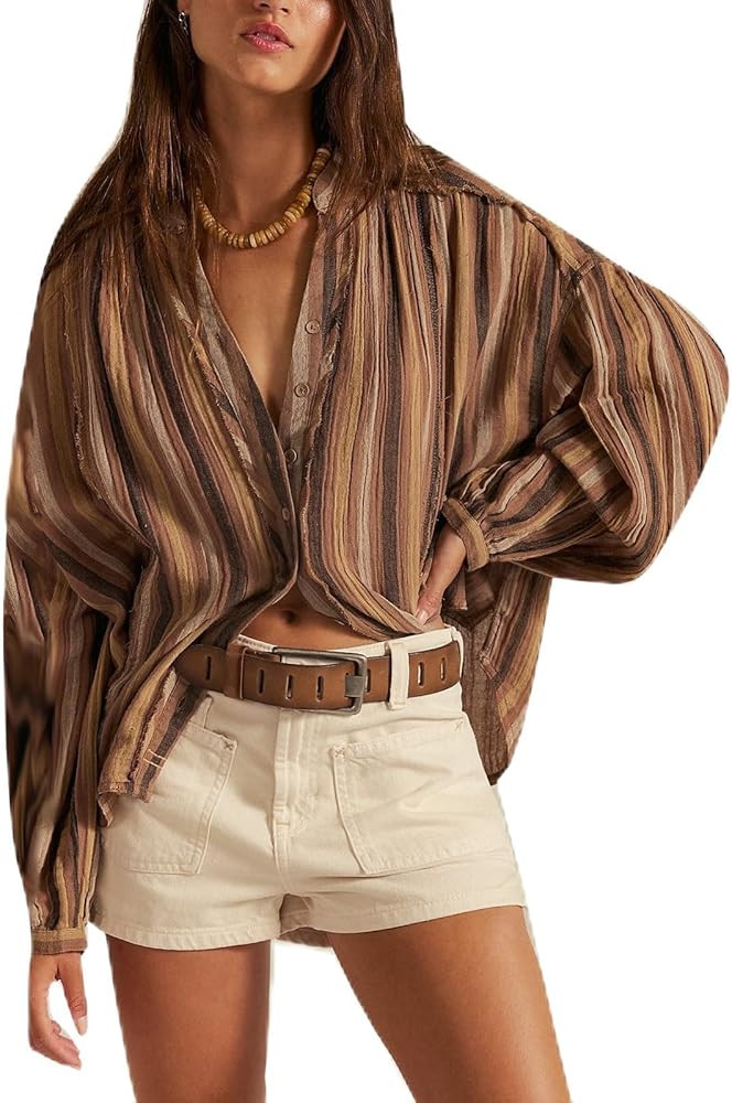 Women Front Button Down Vintage Plaid Striped Batwing Blouse Shirt Y2k Long Sleeve V Neck Gingham... | Amazon (US)