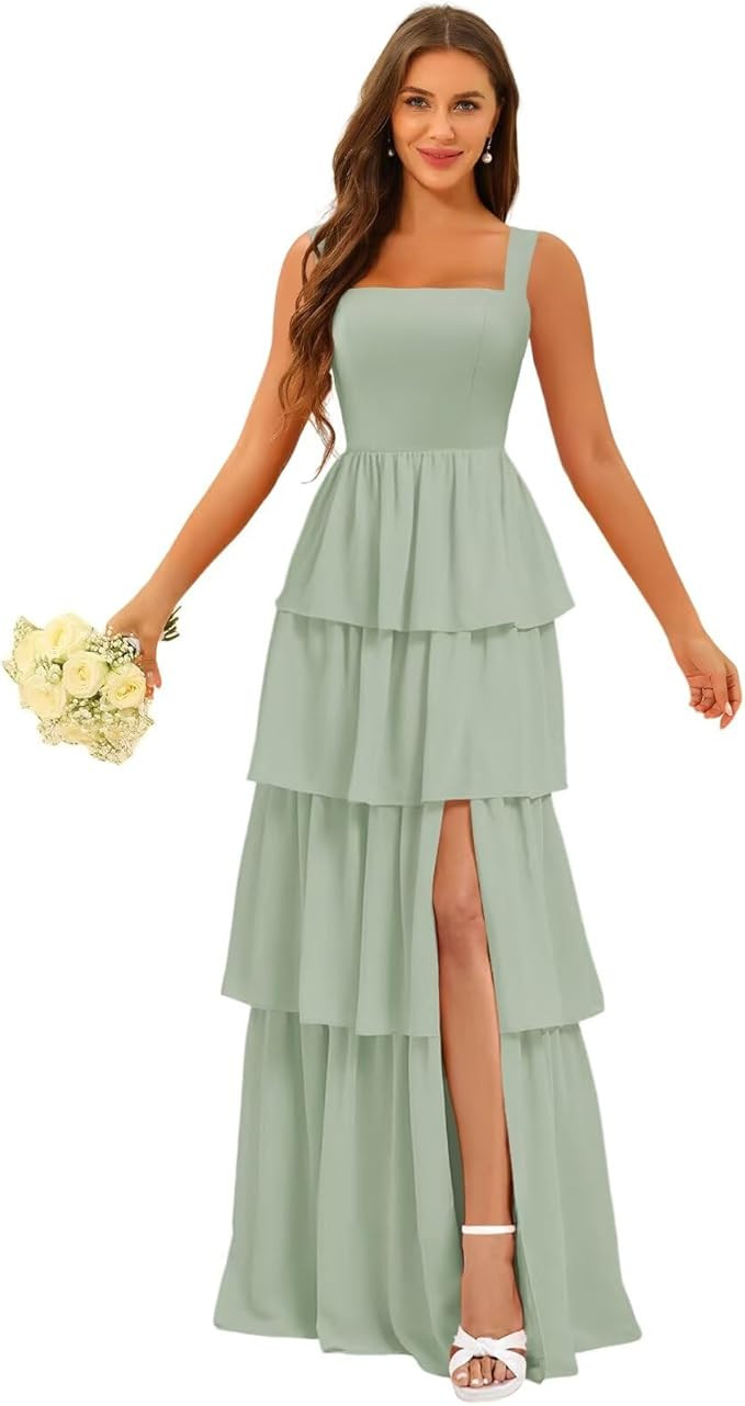 YOFF Tiered Ruffles Bridesmaid Dresses with Slit 2025 Chiffon Maxi Formal Evening Dresses for Wom... | Amazon (US)