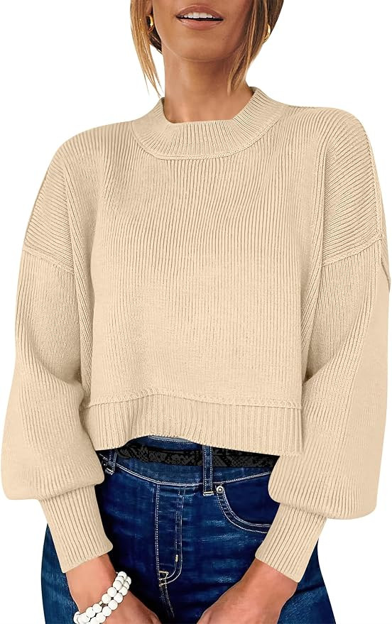 ANRABESS Womens Cropped Sweaters Oversized Crewneck Long Batwing Sleeve Side Slit Ribbed Knit Pul... | Amazon (US)
