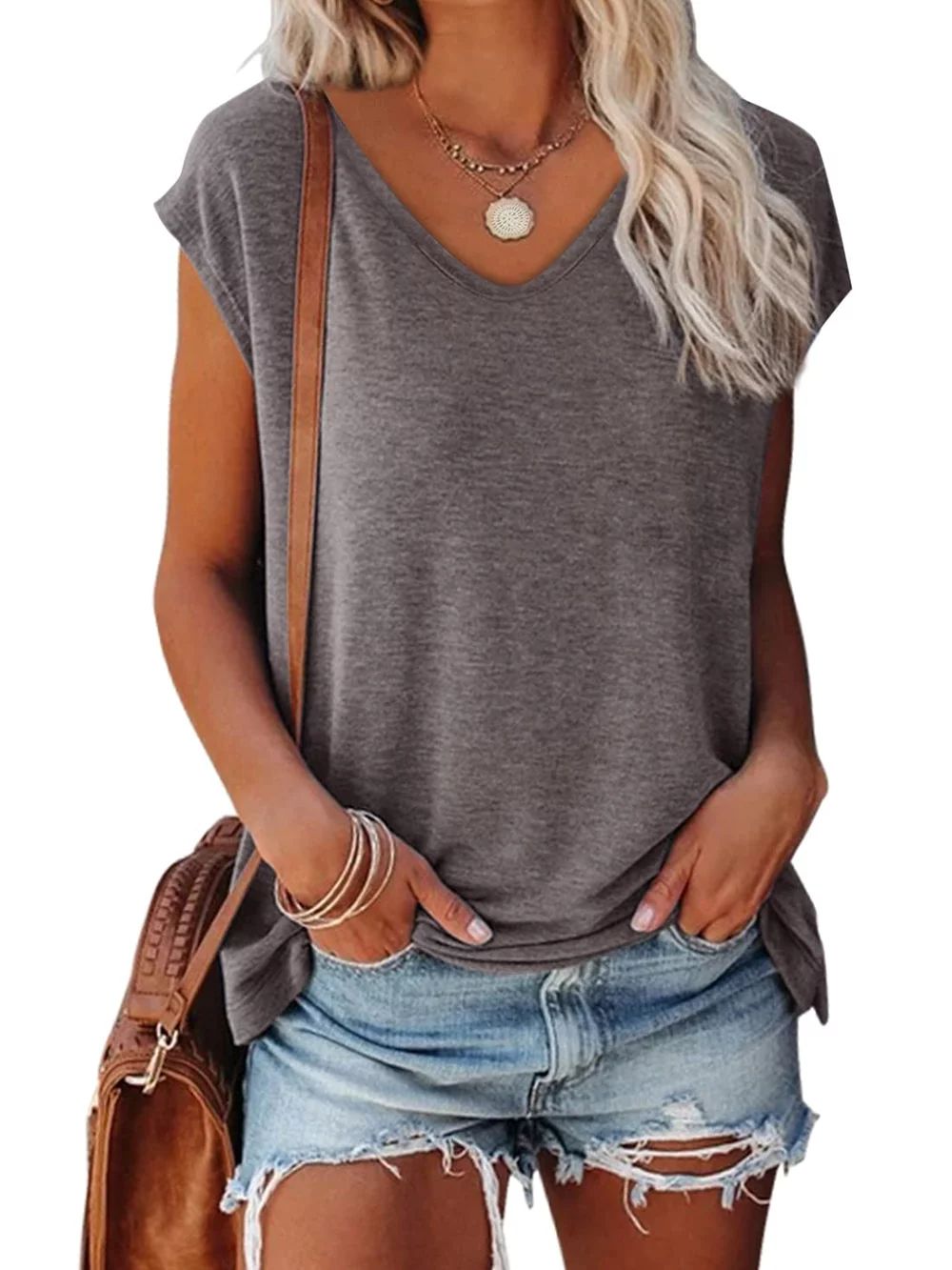 MOSHU V Neck Womens T-Shirts Basic Tops for Women Cap Sleeve Loose Tank Tops | Walmart (US)