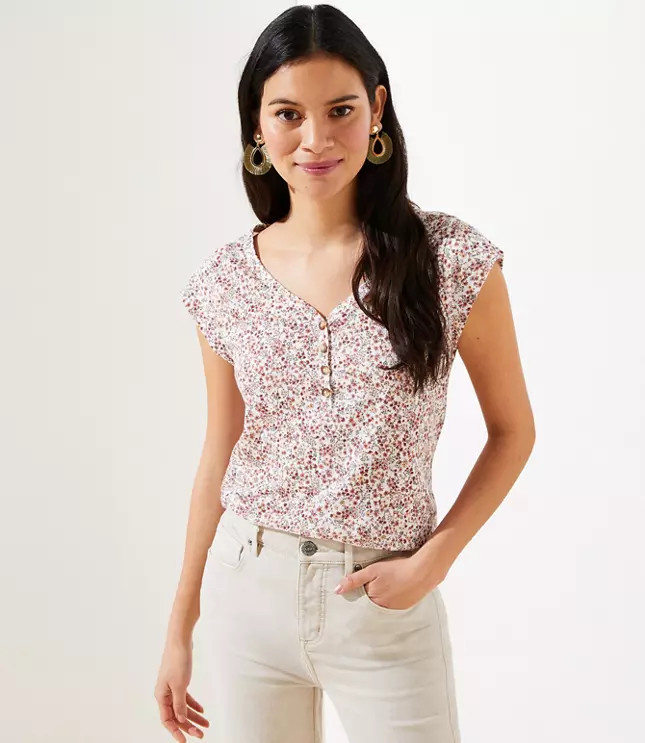 Floral Henley Linen Tee | LOFT | LOFT