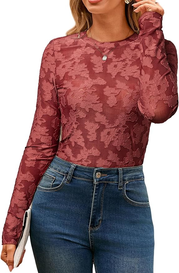 Glamaker Womens Mesh Long Sleeve Tops Lace See Through Sexy Crew Neck Eyelet Shirts Party Floral ... | Amazon (US)