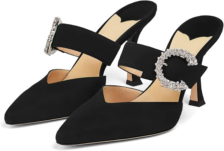 JiaBinji Women High Heeled Mules Rhinestone Horseshoe Buckle 3.5 inches Curved Heel Pointed Toe S... | Amazon (US)