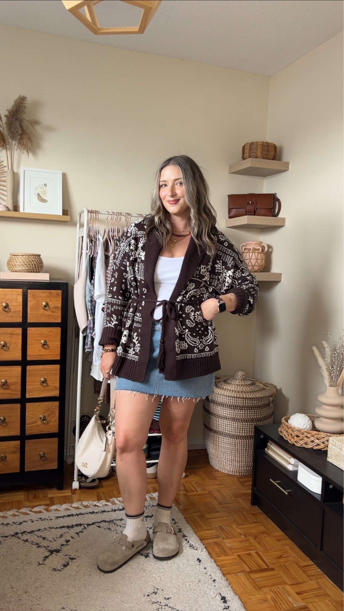 Fall outfit from Abercrombie on sale! Wearing L in the bandana print cardigan (not itchy at all!). Wearing M in the bra free tank top. I bought this denim skirt last year in a size 32, would do a 31 if I was purchasing now. I wear a 30 in A&F 90s relaxed jeans for reference! I’m a 9.5-10 shoe and wear a 40 in the Birkenstock clogs

#LTKfall #LTKsale #LTKmidsize
