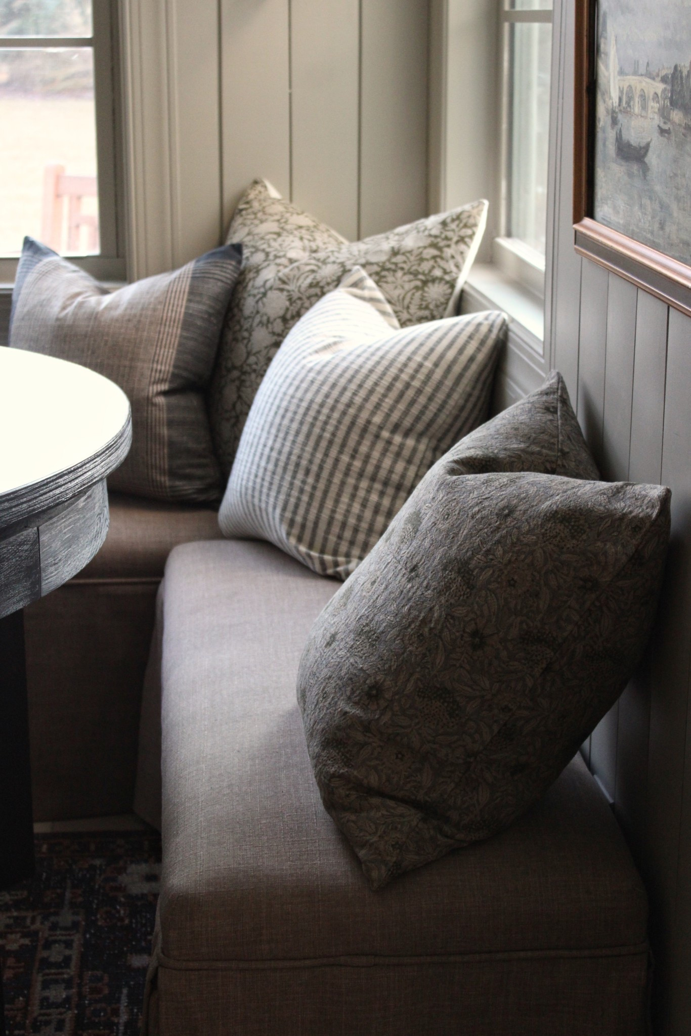 Pillows, pillow combo, kitchen nook 