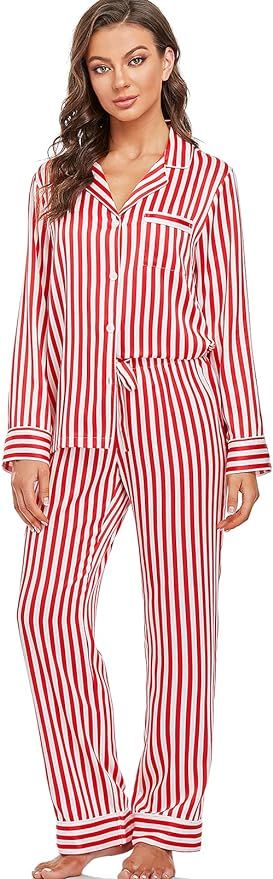 Serenedelicacy Women's Satin Pajama Set Long Sleeve Button Down Sleepwear 2-Piece Striped Silky P... | Amazon (US)