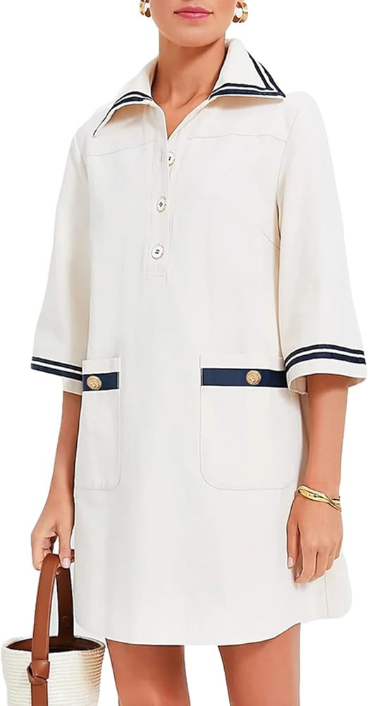 Women Shift Shirt Dress V Neck Short Sleeves Button Down Tunic Dress with Pockets | Amazon (US)