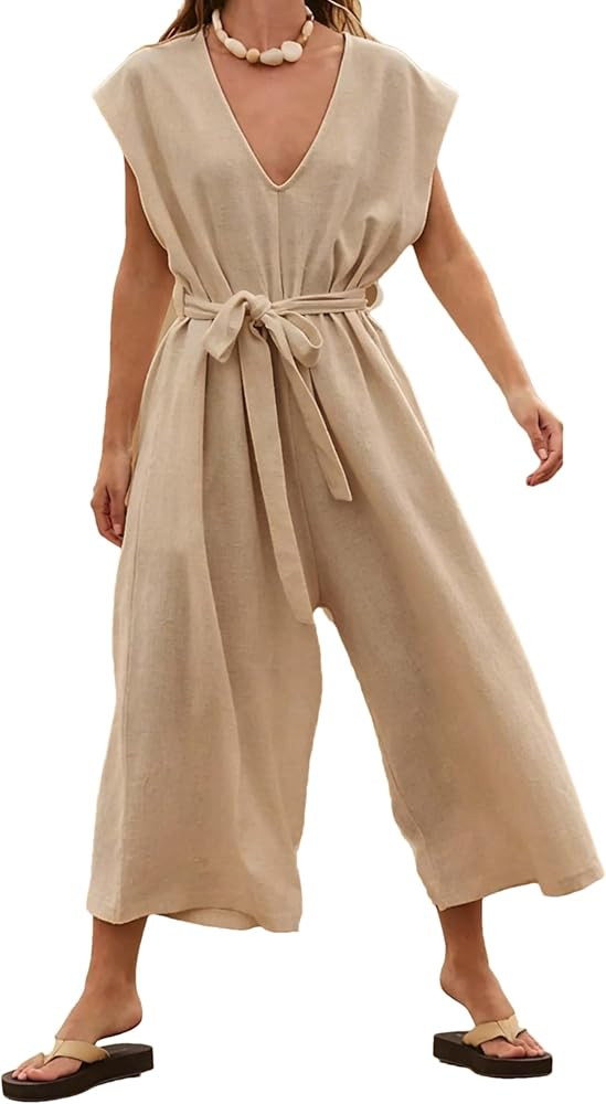 Womens Sleeveless Jumpsuit V-Neck Belted Wide Leg Pants with Pocket | Amazon (US)