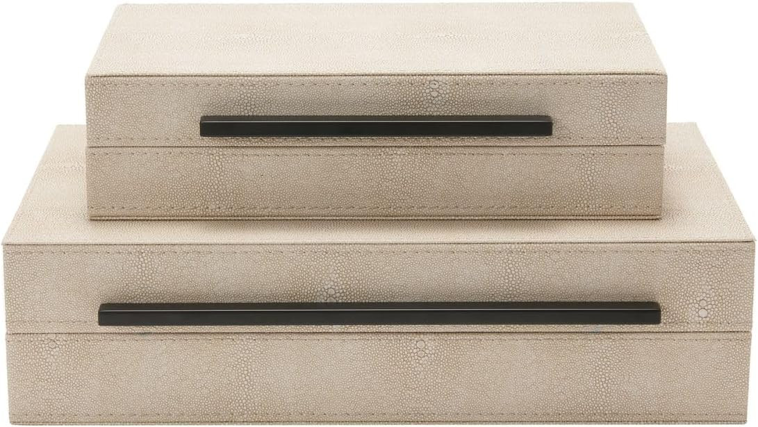 Sagala Set of 2 Ivory Shagreen Decorative Boxes With Black Metal Handles, Faux Leather Jewelry Bo... | Amazon (US)