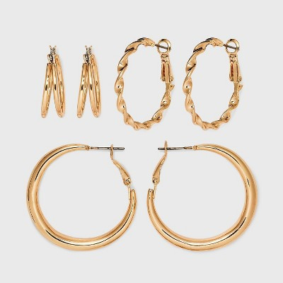 Twisted and Duo Hoop Earring Set 3pc - Universal Thread™ Gold: Nickel-Free Metal, Clip-In Clasp | Target