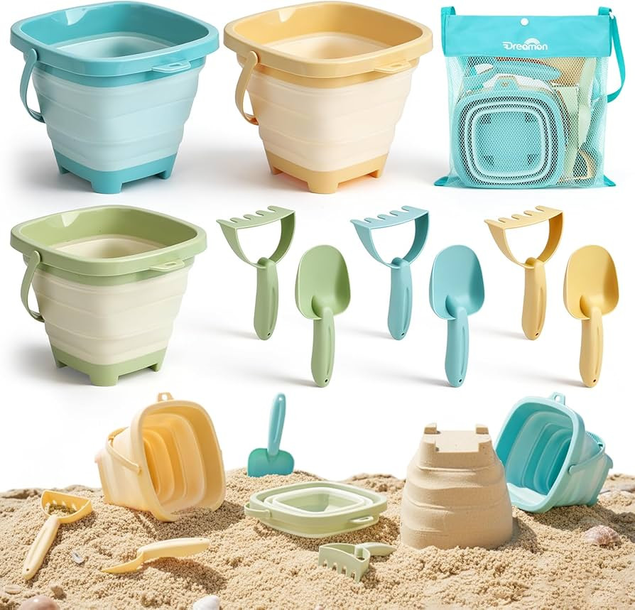 Dreamon Beach Toys, 3 Pack Collapsible Sand Buckets for Kids, Shovels & Rakes Set with Mesh Bag, ... | Amazon (US)