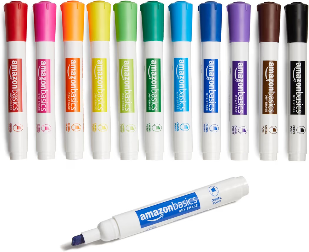 Amazon Basics Dry Erase Markers For Whiteboards, Chisel Tip, Low-Odor, Assorted Colors, Pack of 1... | Amazon (US)