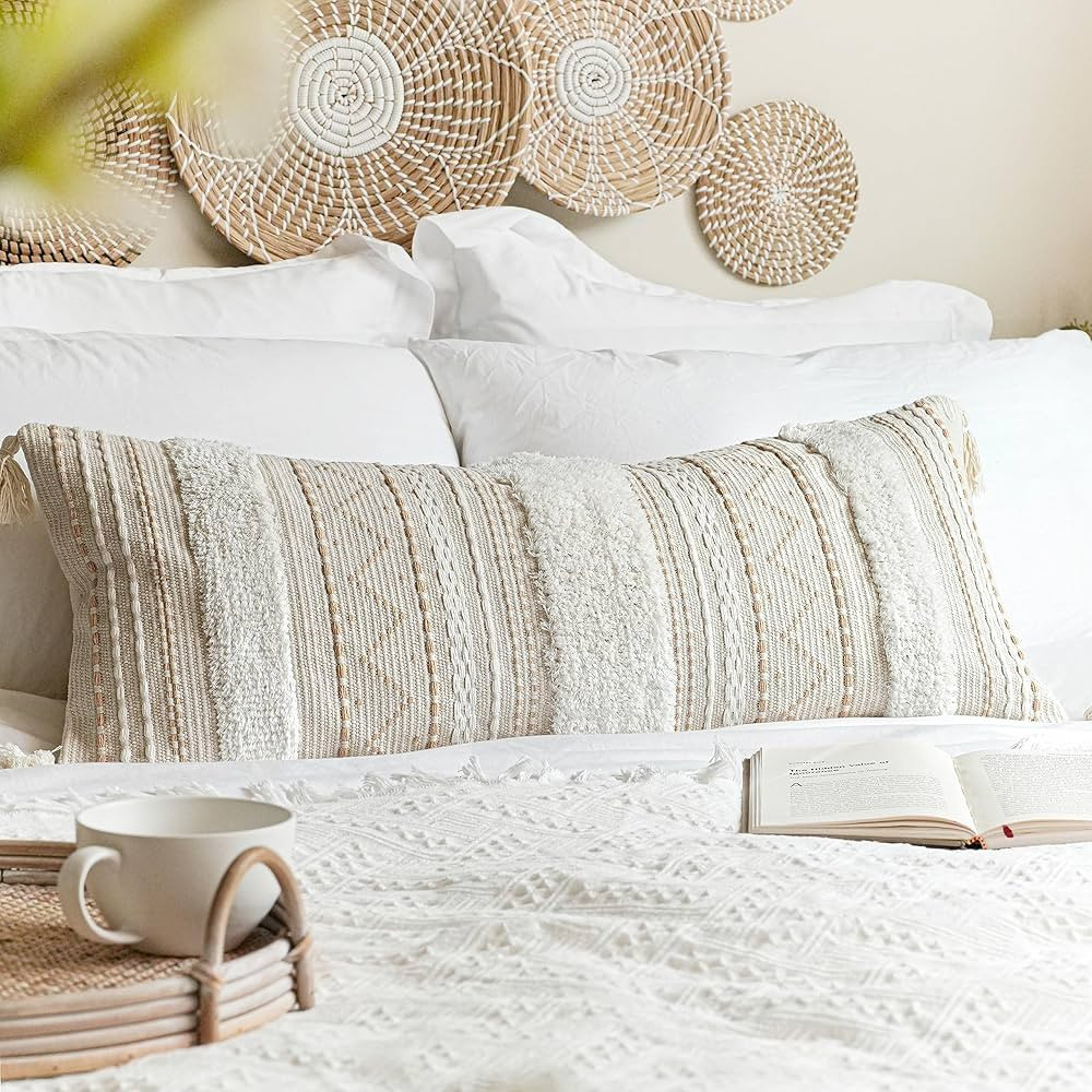 BlissBlush Cream Boho Lumbar Throw Pillow Cover 14x36 inch, Decorative Long Pillow for Bed, Accce... | Amazon (US)