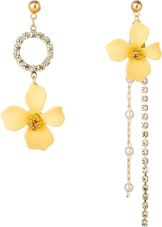 Lemogino Asymmetric Flower Hanging Earrings 925 Silver Needle Cute Candy Color Spray Paint Flower Da | Amazon (US)