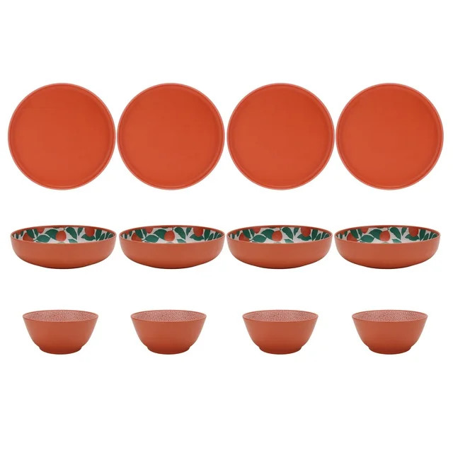 Mainstays by Becky G. & Alejandra Bamboo Melamine 12-Piece Dinnerware Set, Orange & Green | Walmart (US)