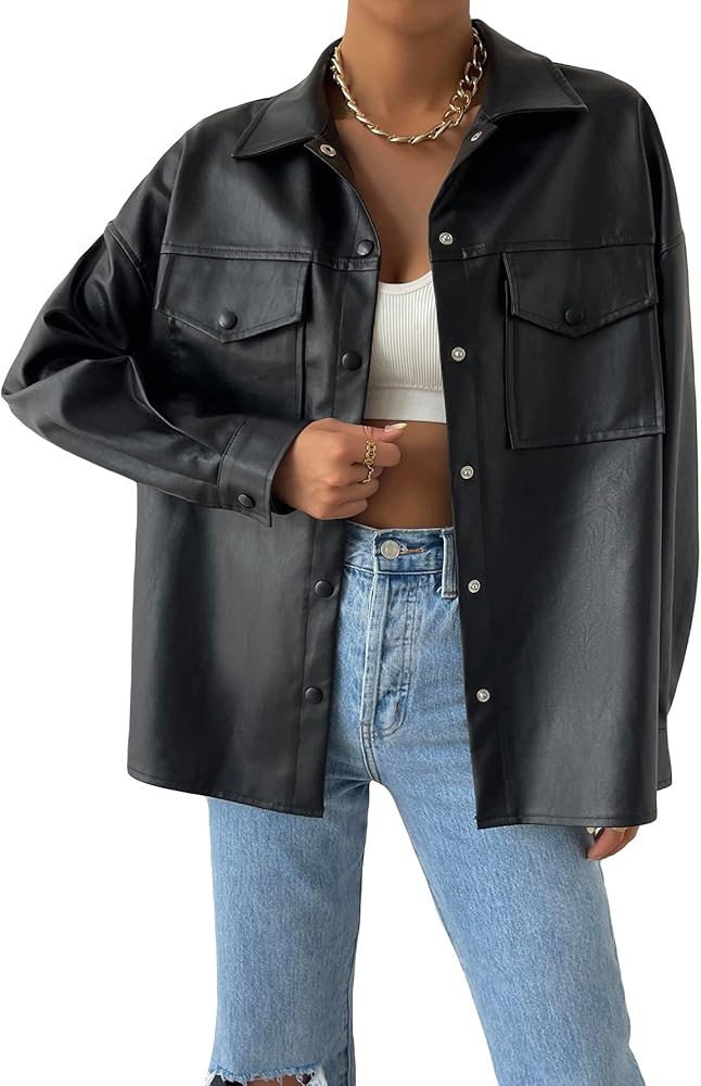 MakeMeChic Women's Faux Leather Shacket Long Sleeve Button Down Motorcycle Jacket Biker Coat | Amazon (US)