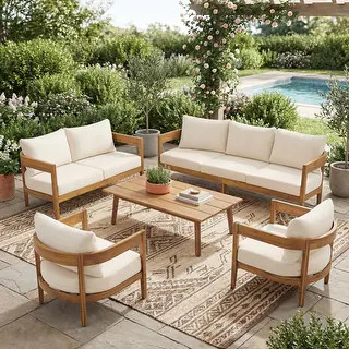 Christopher Knight Home - Brooklyn 5-Piece Outdoor Acacia Wood Patio Conversation Set with Wooden... | Bed Bath & Beyond