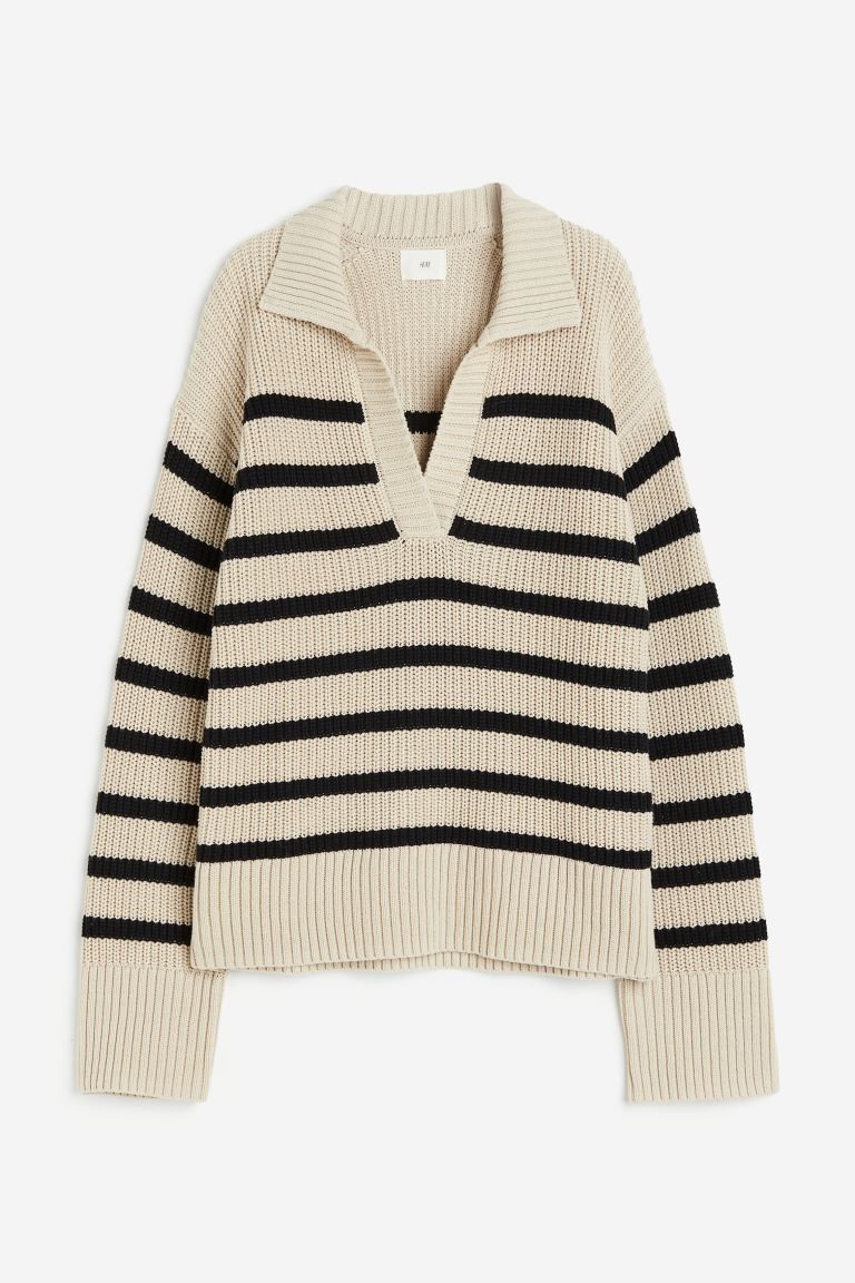 Rib-knit polo jumper - Light beige/Black striped - Ladies | H&M GB | H&M (UK, MY, IN, SG, PH, TW, HK)