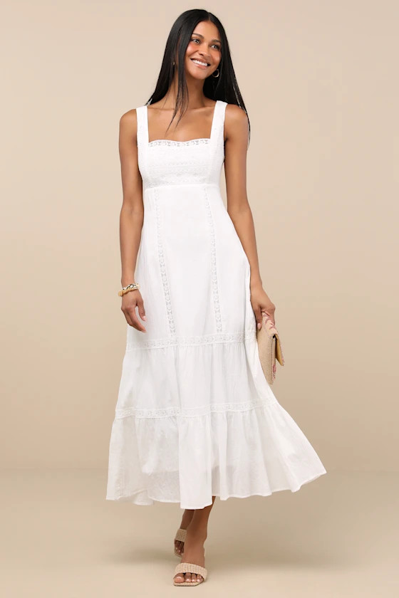 Esmeray White Lace Sleeveless Tiered Midi Dress | Lulus