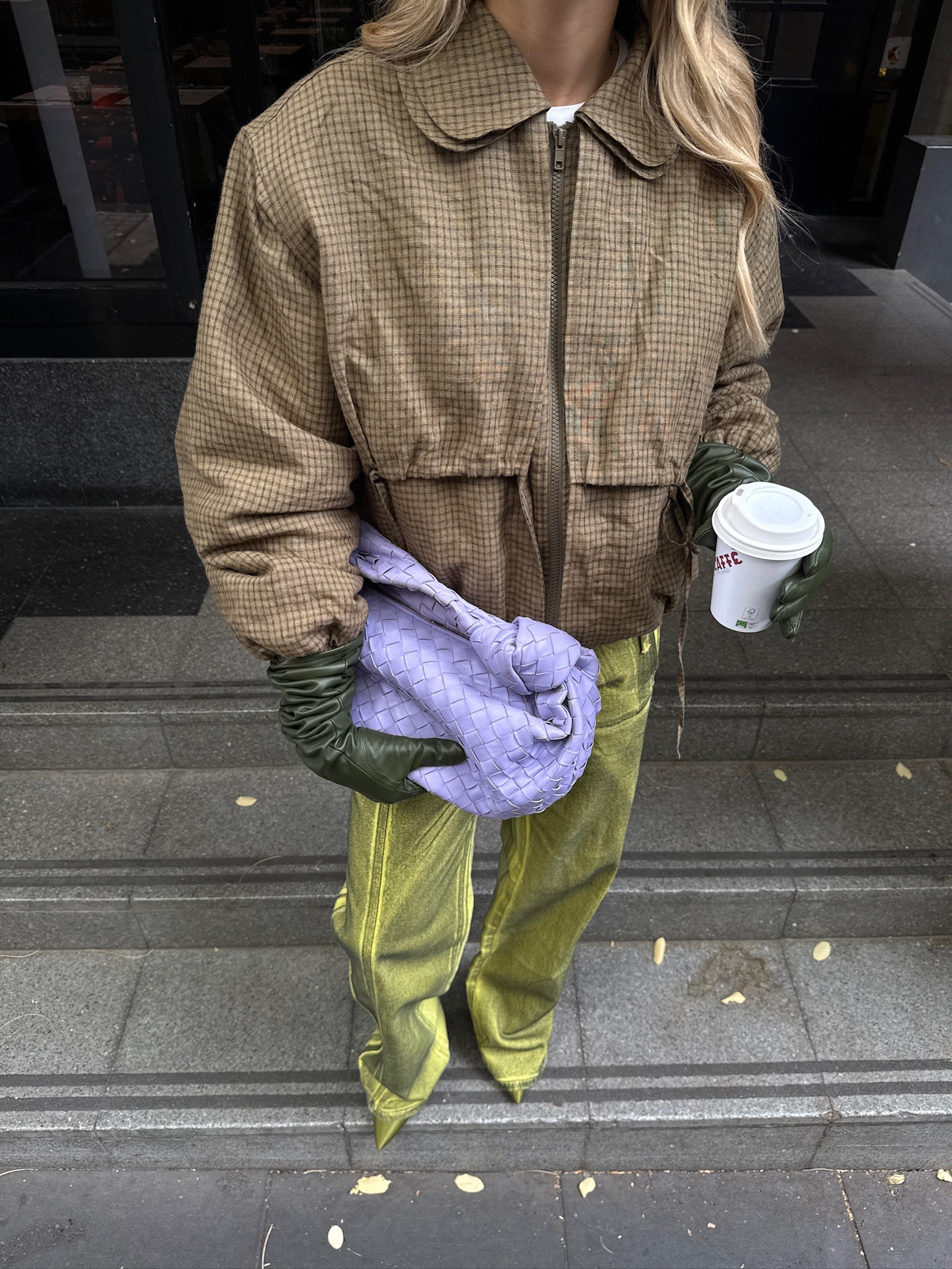 Coffee run in this gorgeous colour combo! Wearing my new favourite accessory: gloves! With this checked bomber and a pop of colour from the Bottega bag it makes a perfect autumn outfit💜

#LTKautumn #LTKaustralia #LTKstyletip