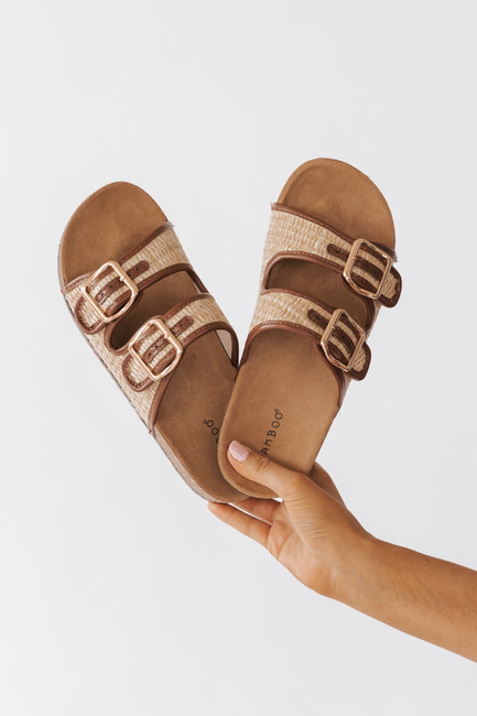 Bamboo Champion Tan Double Buckle Slide Sandals | Magnolia Boutique