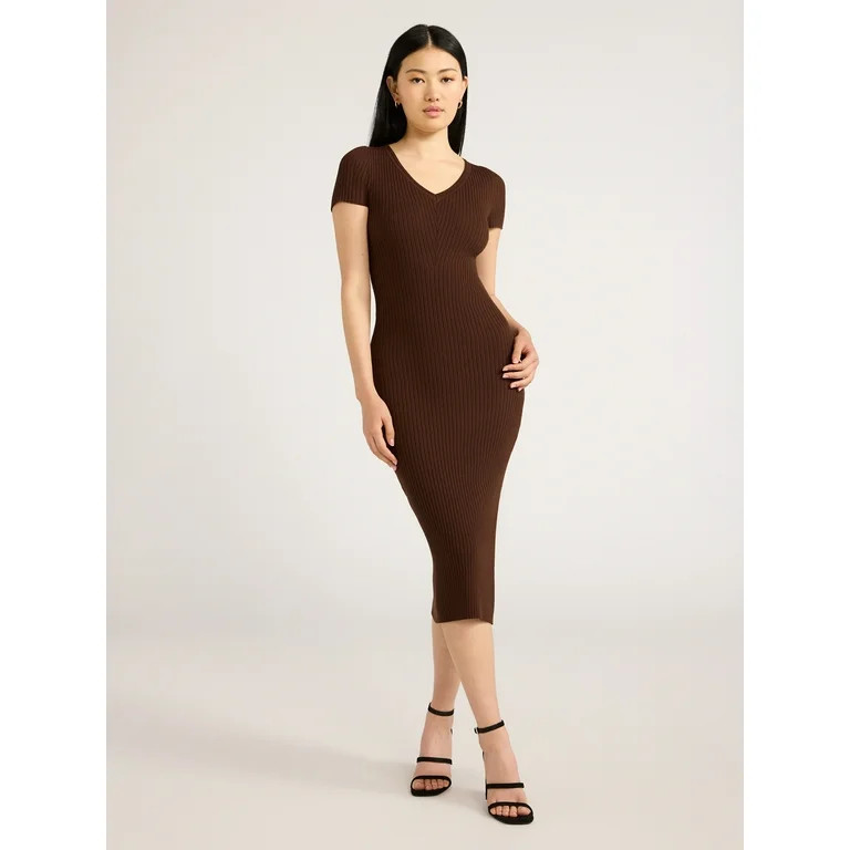 Scoop Women's V-Neck Bodycon Ribbed Sweater Dress, Midweight, Sizes XS-XXL | Walmart (US)