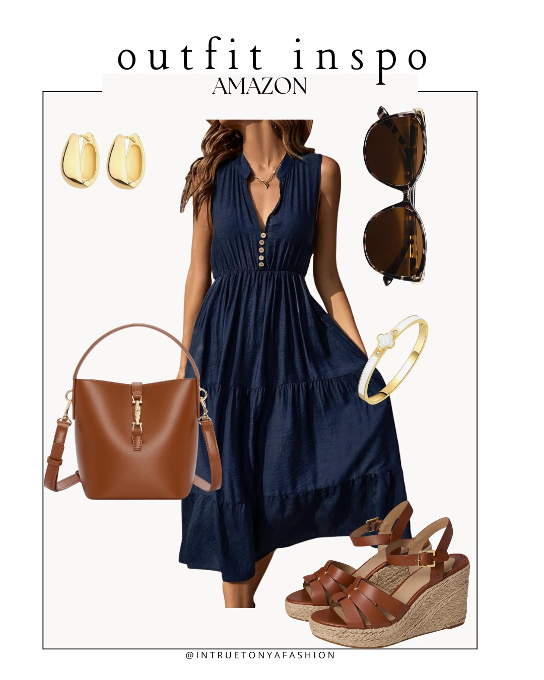 Navy dress with brown wedge heels, a brown bucket bags gold jewelry and sunglasses 






Summer workwear, summer dress outfit, Amazon outfits, summer outfit inspo, outfit ideas, casual outfits amazon, amazon outfits every day, spring outfits 2026, summer outfits

#LTKWorkwear #LTKPetite #LTKSaleAlert