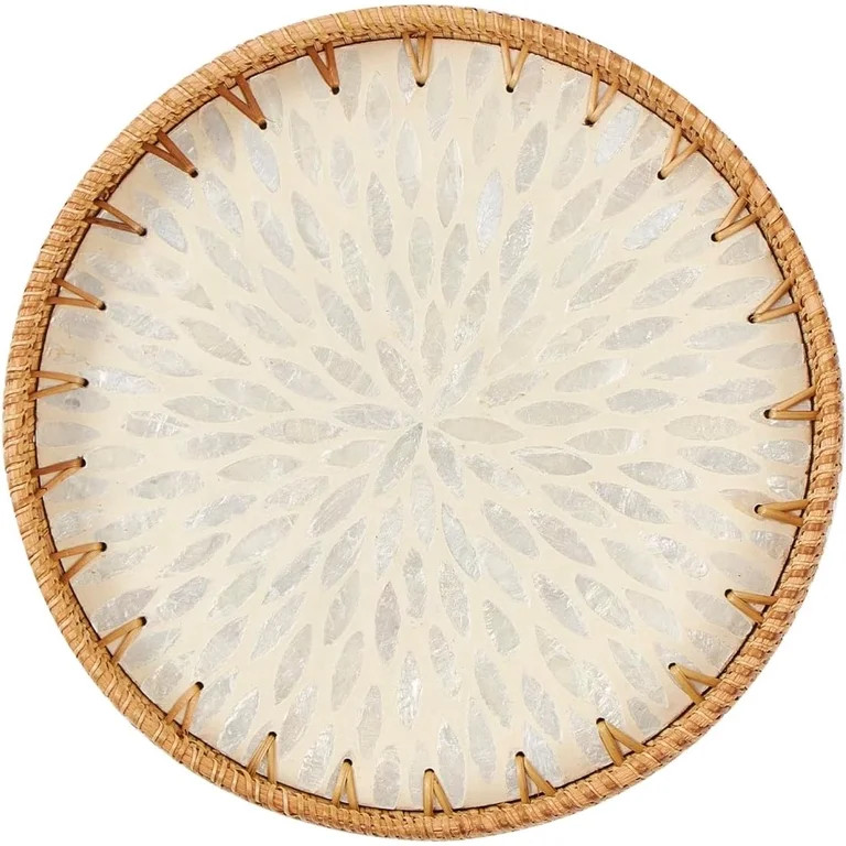 Round Rattan Tray with Mother of Pearl Inlay, Rattan Serving Tray with Wooden Base, Decorative Wi... | Walmart (US)