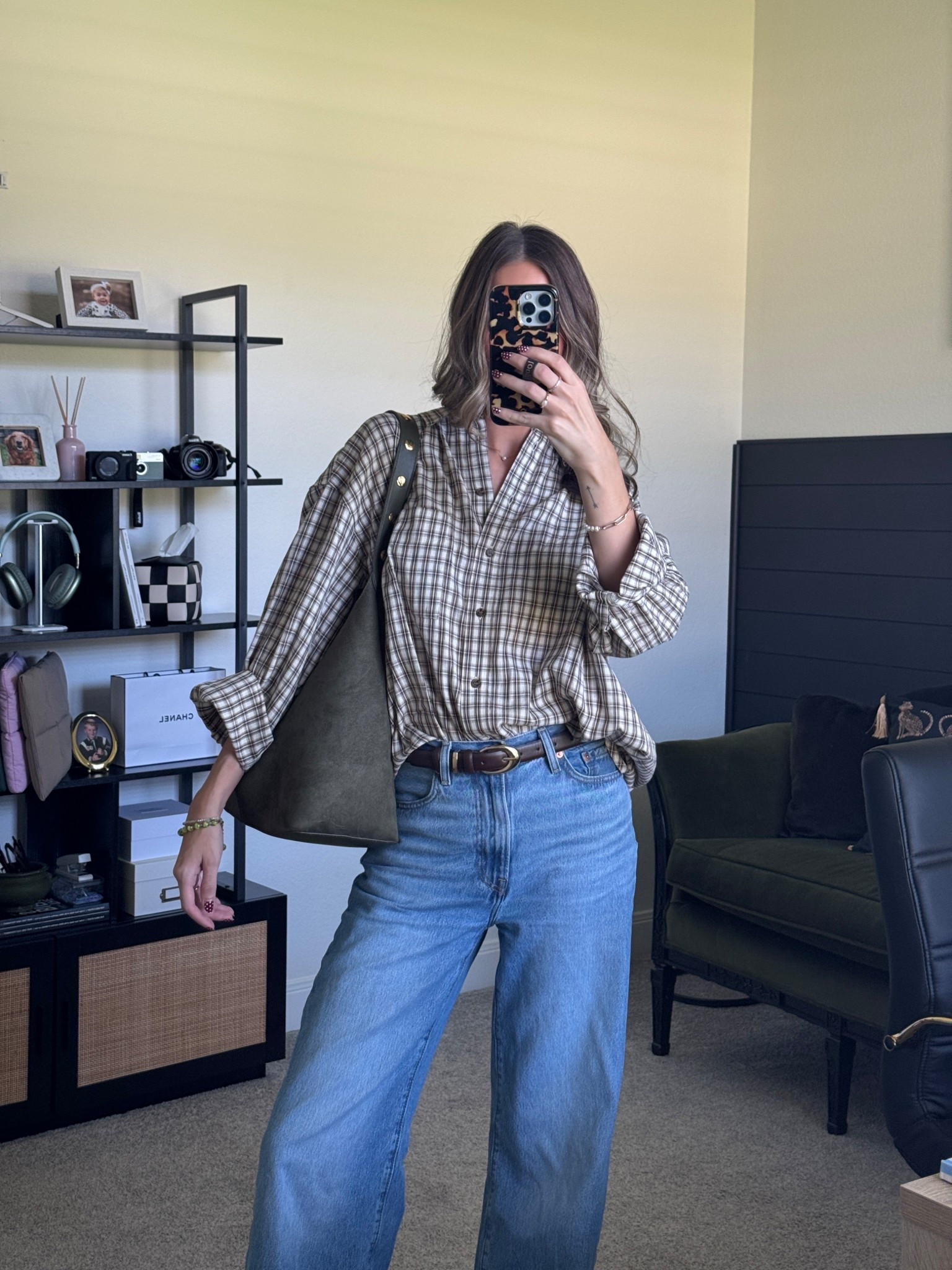 Fall outfit idea!! 💡 Loafers, olive suede tote, cotton button up shirts women, Levi’s baggy jeans 

#LTKSeasonal #LTKTall