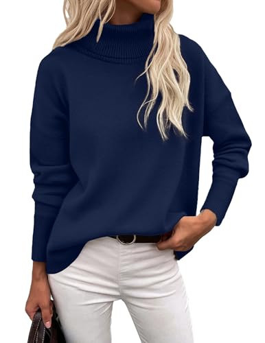 Zeagoo Women's Turtleneck Sweater 2025 Fall Winter Chunky Knitted Pullover High Low Hem Trendy Basic Jumper Top Navy Blue | Amazon (US)