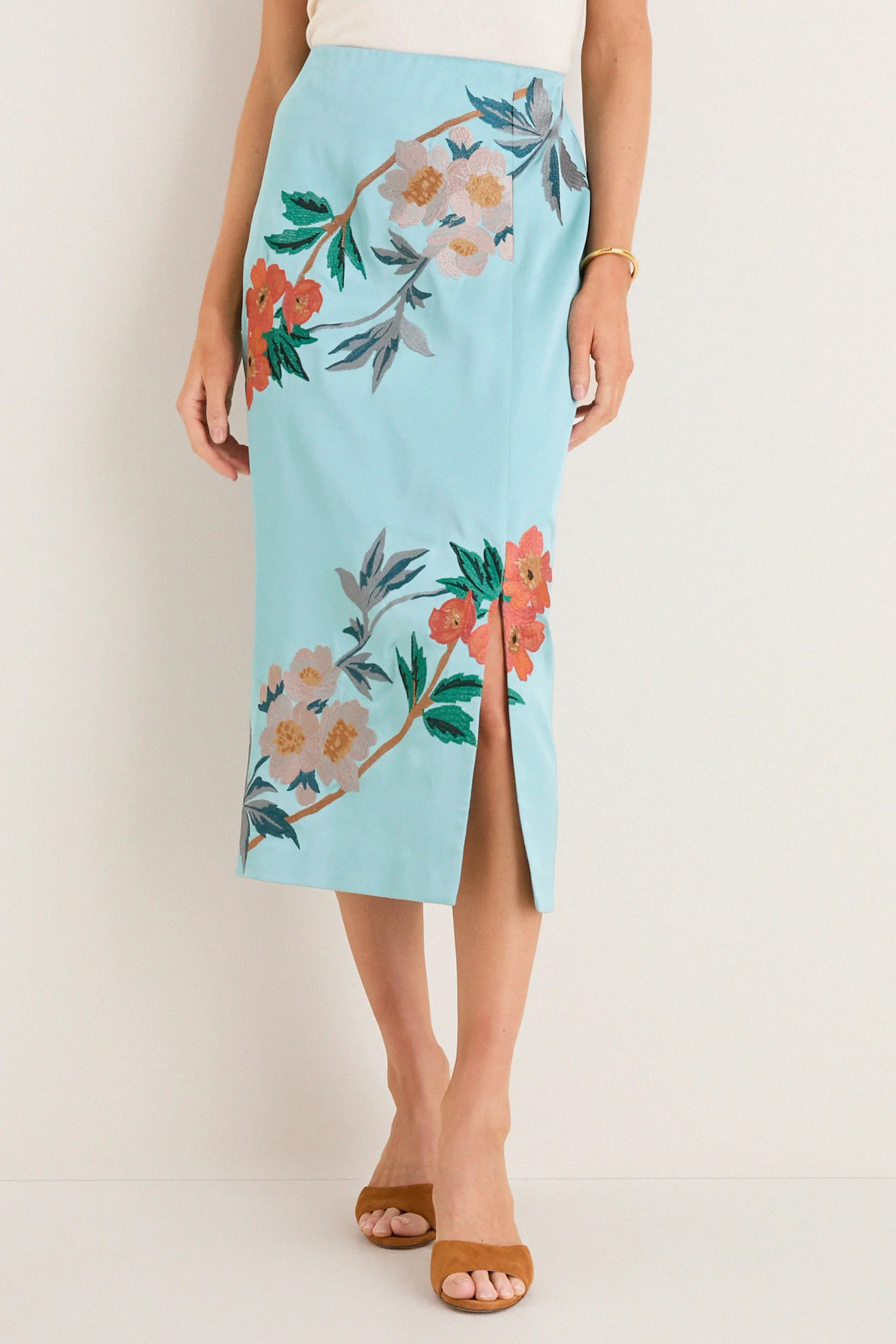 Cameo Blossom Embroidered Duchess Satin Germaine Midi Skirt | Tuckernuck (US)