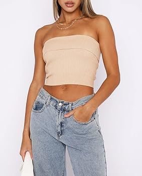 PICPUNMAK Women Solid Strapless Bandeau Tube Crop Top Casual Slim Fit Sleeveless Ribbed Cropped T... | Amazon (US)