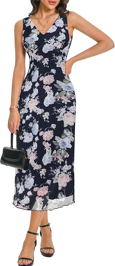 Women's Sexy V Neck Sleeveless Mesh Maxi Dresses Summer Casual Elegant Long Floral Dress Wedding ... | Amazon (US)
