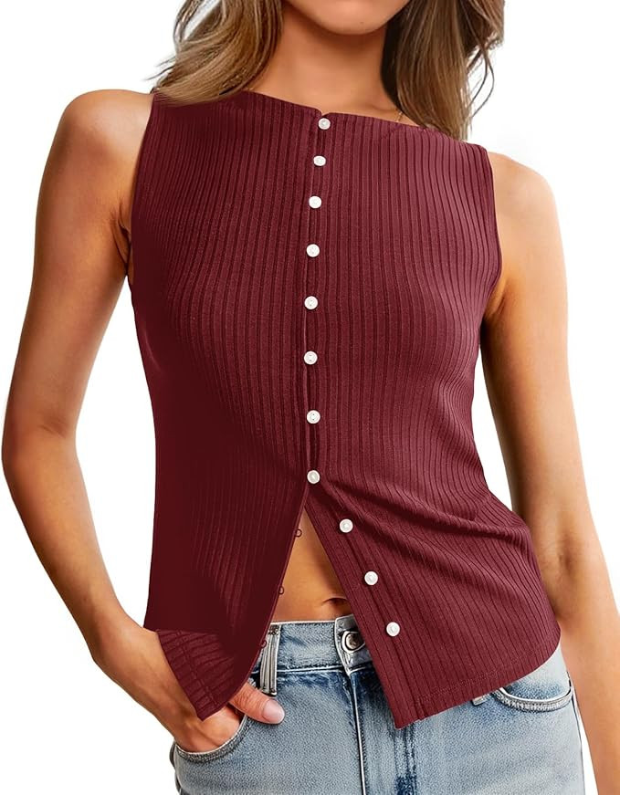 Tankaneo Womens Button Down Ribbed Tank Tops Cropped Cute Y2k Vest Tops 2025 Summer Going Out Out... | Amazon (US)